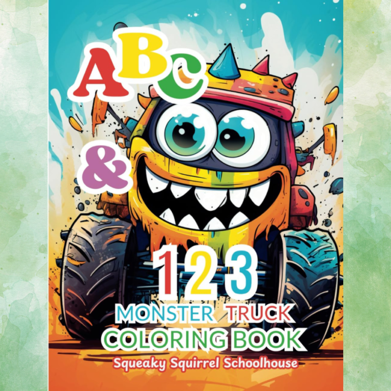 ABC and 123 Monster Truck Coloring Book Cover SqueakySquirrelSchoohouse.com Image 900x900