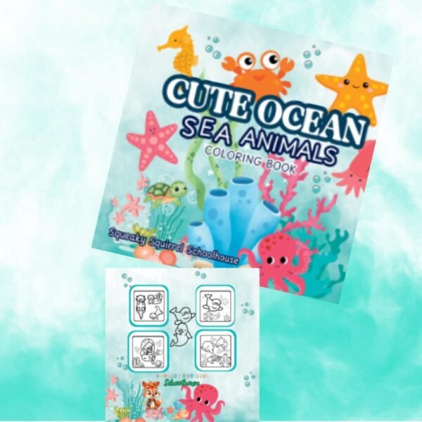 Squeaky Squirrel Schoolhouse Cute Ocean Animals Coloring Book - 50 Easy Pages for Kids Teens & Adults - High-Resolution Glossy Cover - 8.5 x 8.5 Inches - Stress Relief & Creativity Boost