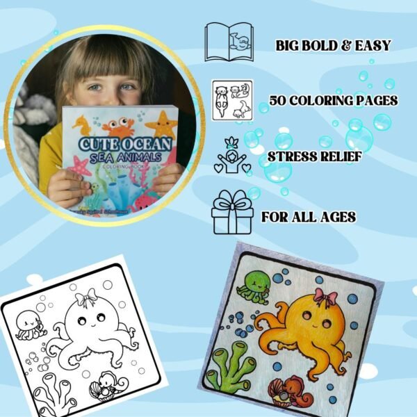 Squeaky Squirrel Schoolhouse Cute Ocean Animals Coloring Book - 50 Easy Pages for Kids Teens & Adults - High-Resolution Glossy Cover - 8.5 x 8.5 Inches - Stress Relief & Creativity Boost - Image 2