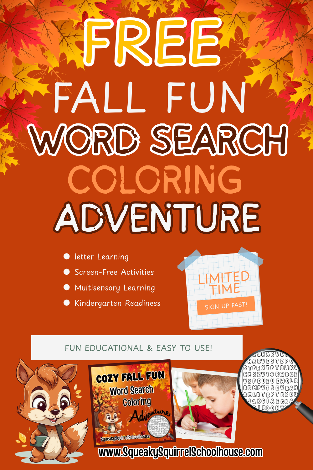 cozy Free fall fun Word Search Coloring Pages PDF Printable SqueakySquirrelSchoolhouse.com